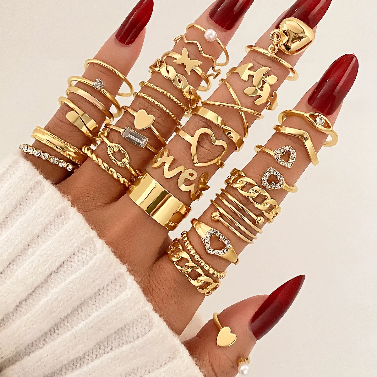 30PCS/Set Trendy Gold Love Heart Leaf Pearl Ring Set For Women Jewelry Punk Diamond Crystal Rhinestone Stackable Rings