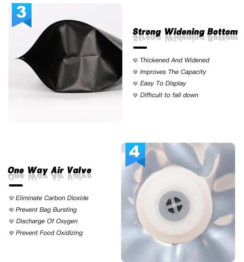 Shenzhen Factory 250g 500g Tea Zipper Pouches One Way Valve Instant Espresso Ground Coffee Packing Bags With Logo