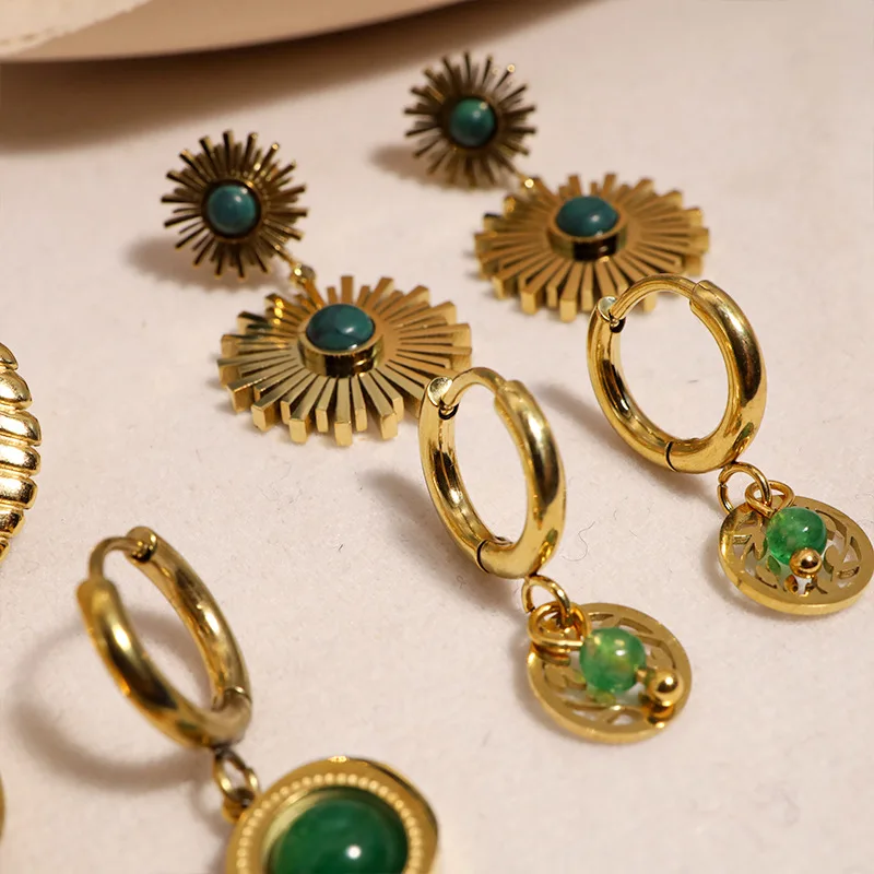 18k Gold Plated Stainless Steel Pendant Earrings Natural Stone Eight Point Star Hoop Huggie Earrings