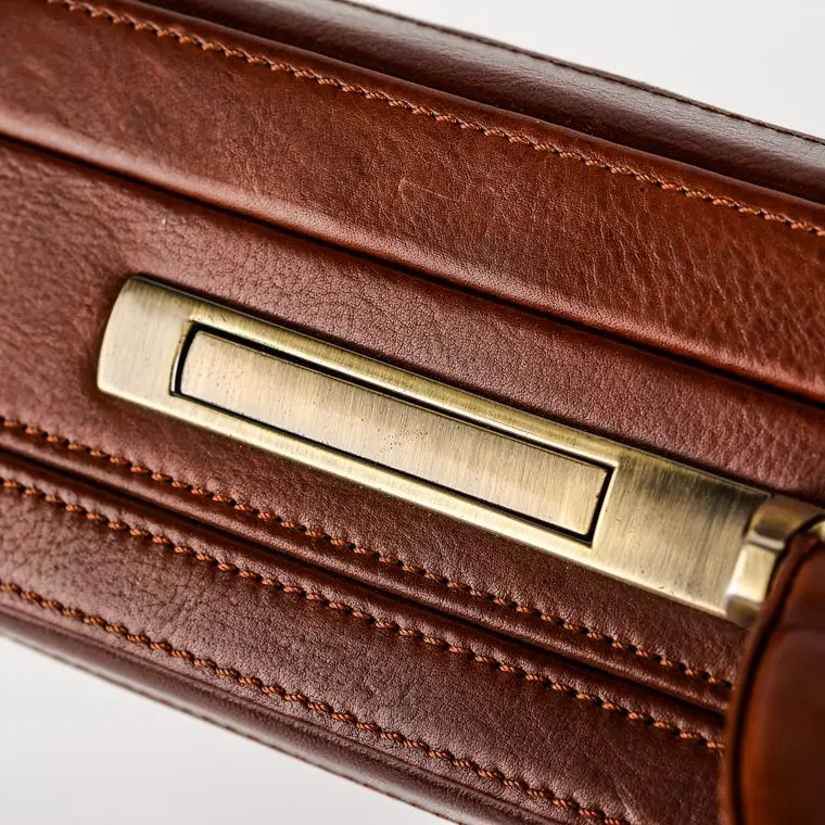 Glary vintage italian hard sided leather portfolio folding brief case with long lock