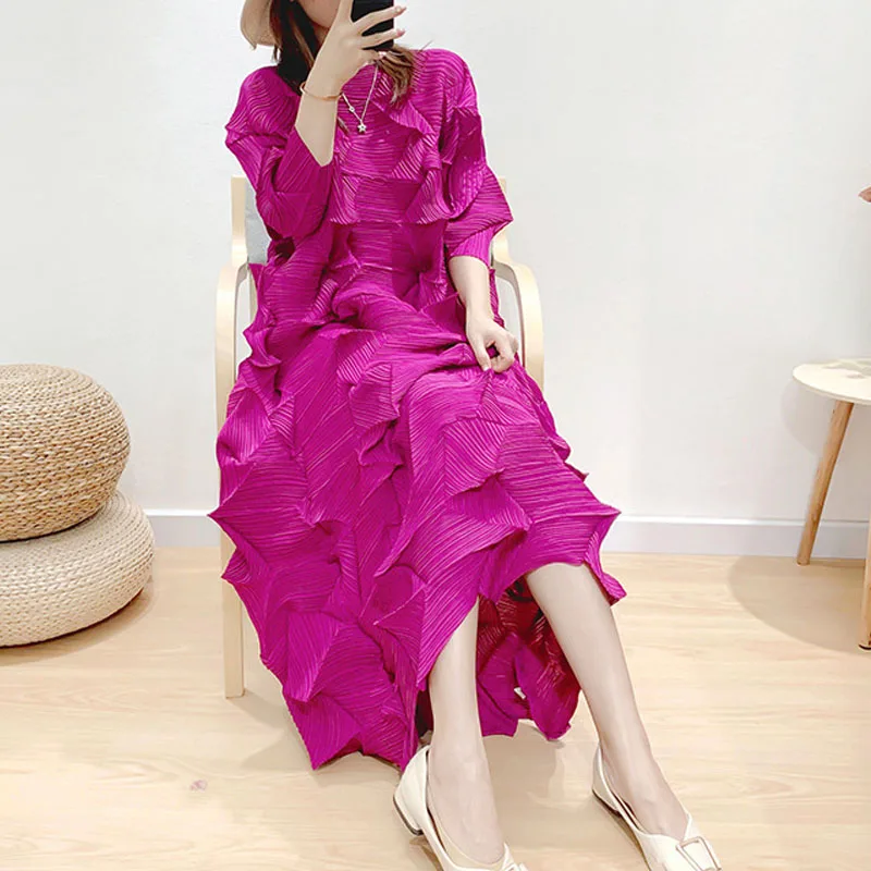 Pleats Loose Summer Casual Dress with Sleeves Print Wholesale Ladies Vintage Natural OEM Service Woven Chiffon Midi Straight