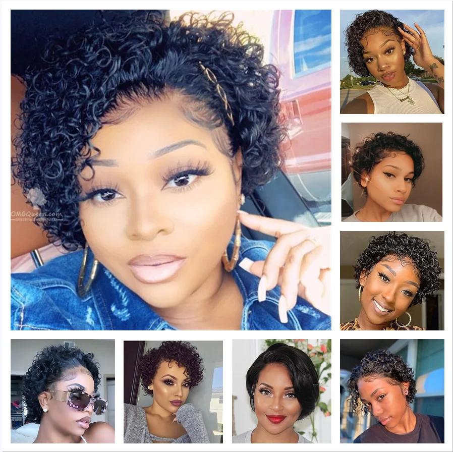Brazilian Human Hair Water Wave Pixie Cut Short Full Lace Braided Wig For Black Women