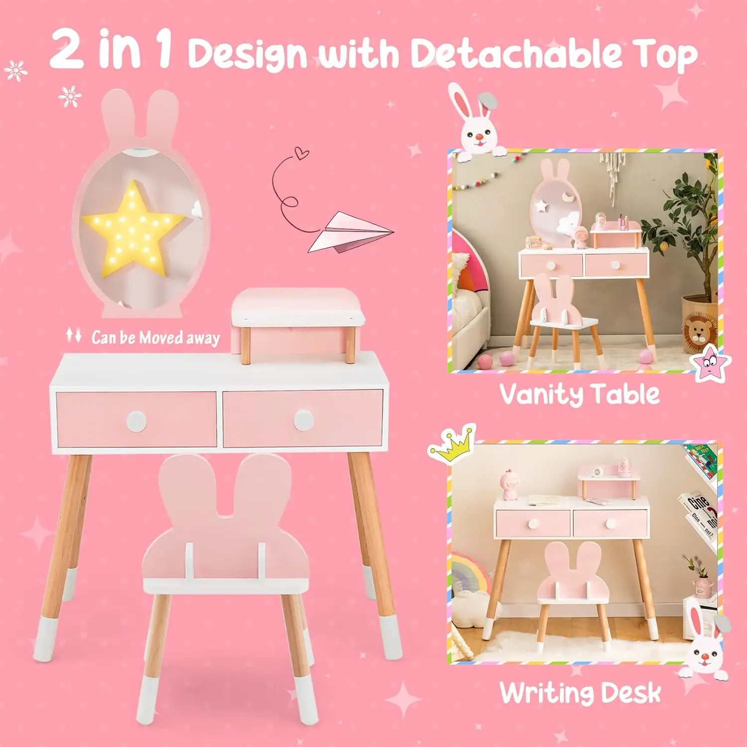 Fast Delivery Baby Cosmetic Mirror Bedroom Pink Chair Children Wooden Vanity Makeup Dresser Classic Dressing Tables For Girl
