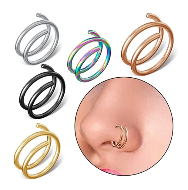 Single perforated stainless steel spiral  hoop double nose ring vacuum electroplated piercing ornament