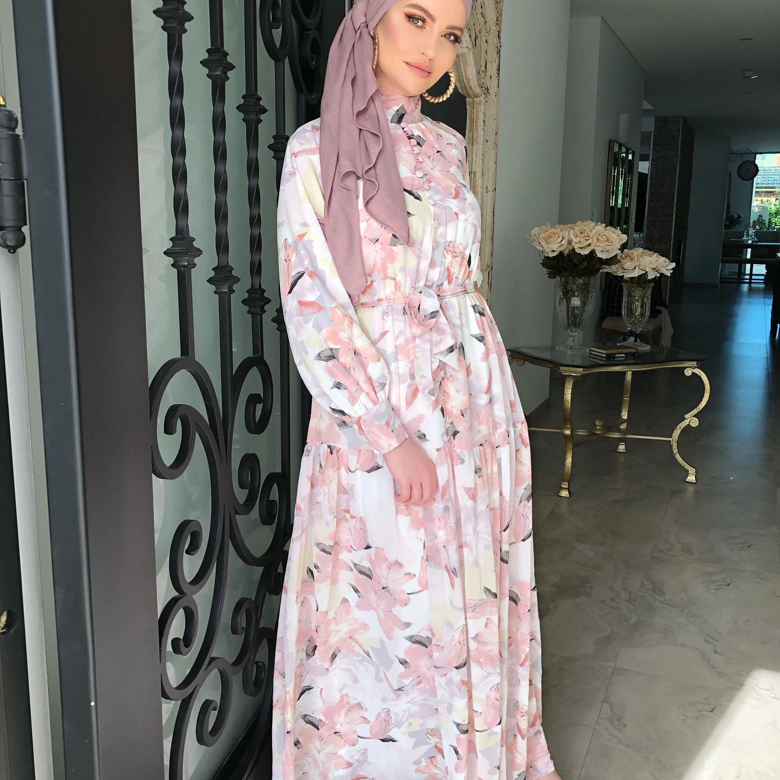 MOTIVE FORCE Latest Abaya Designs New Product Turkish Islamic Dress Flower Color Small Floral Pink Print Muslim Dress Woman