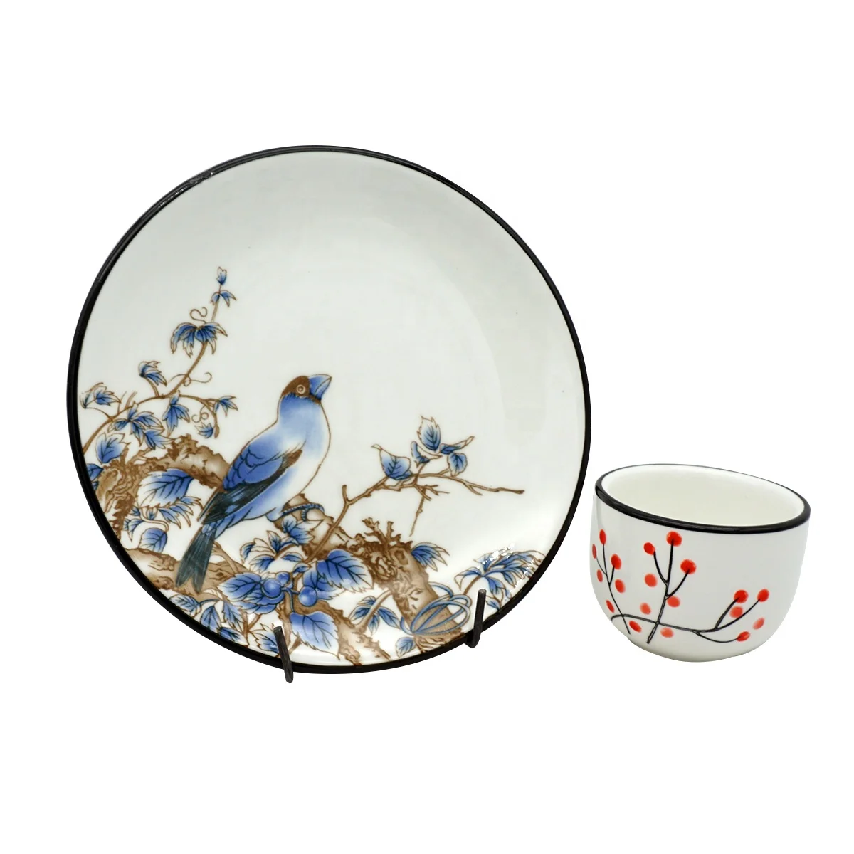 Mini 4oz Chinese Classic Black Rim Coffee Cup Wholesale Ceramic Tea Cup With Color Tray