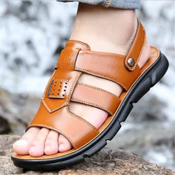 Модные дышащие мужские повседневные кожаные сандалии на плоской подошве оптом