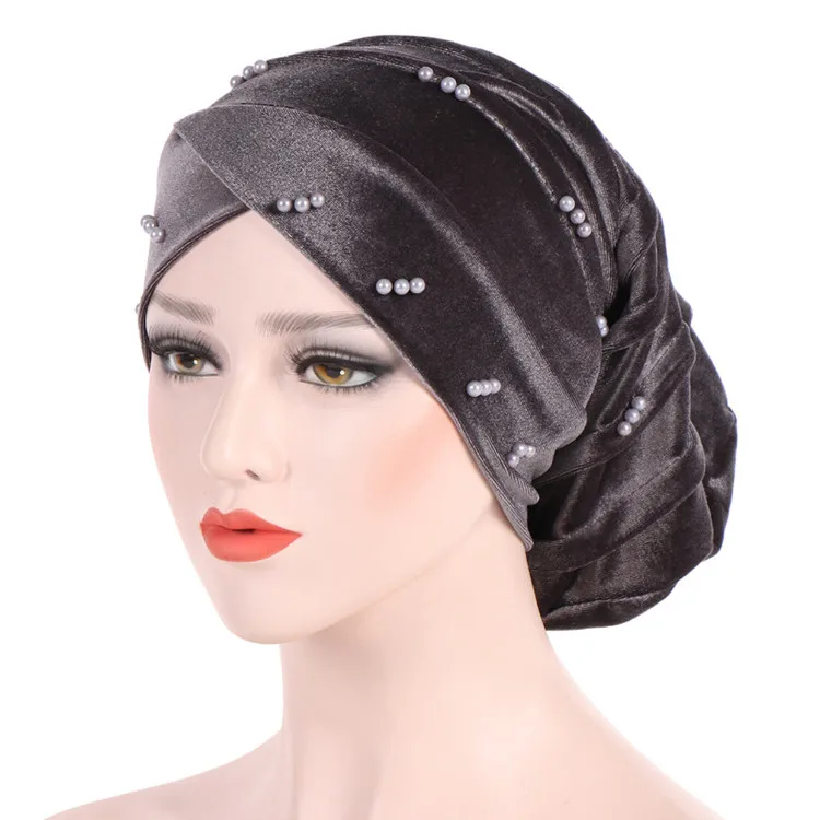 Manufacturer Fashion Women Forehead Cross Velvet Turban with Pearl Beaded Pleated Muslim Turban