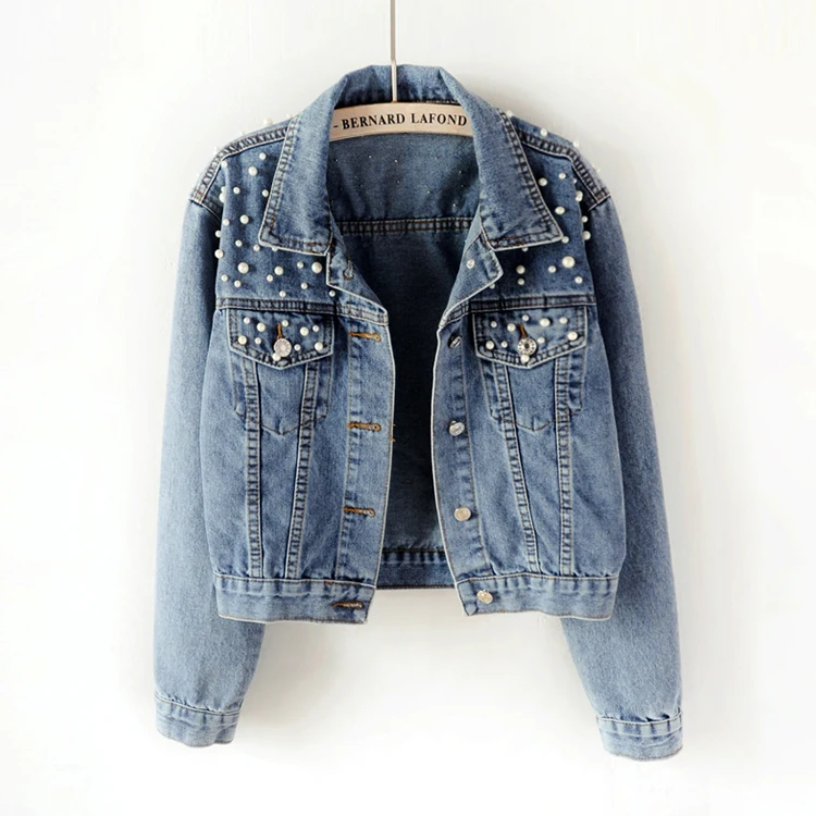 
Plus Size Pearl Beading Short Denim Jackets Long Sleeve Vintage Casual Jeans Jacket Coats Big Size for Women 