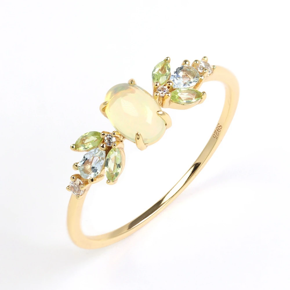 S925 Sterling Silver 14K Gold Plated Gemstone Raw African Opal Sky Blue Topa Topaz Ring Green Olives Rings With Gemstones 925