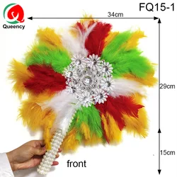 Queency African beautiful cheap ostrich feathers make in China hand fan  African feather fans with beaded