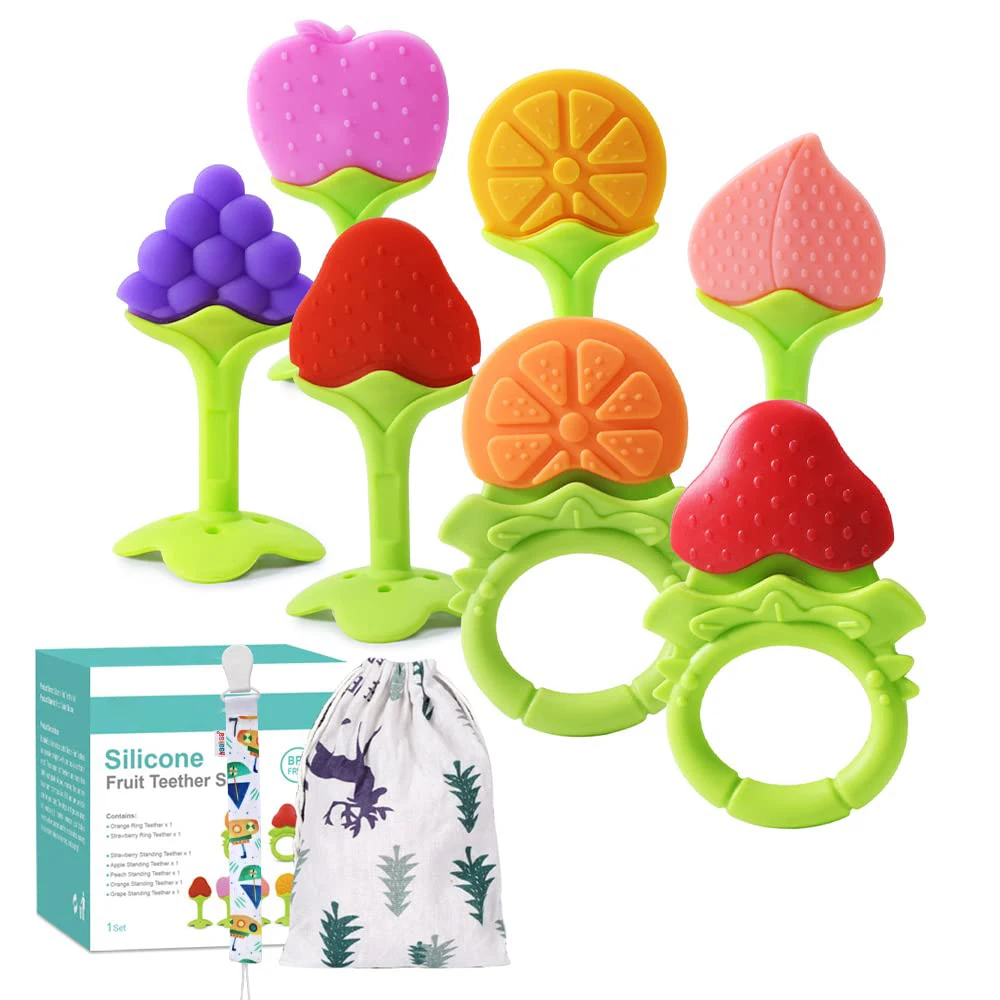 Wholesale Bpa free Food Grade Silicone Fruit Shape Smooth and Infants Teething Toys Baby Teether Toys Set