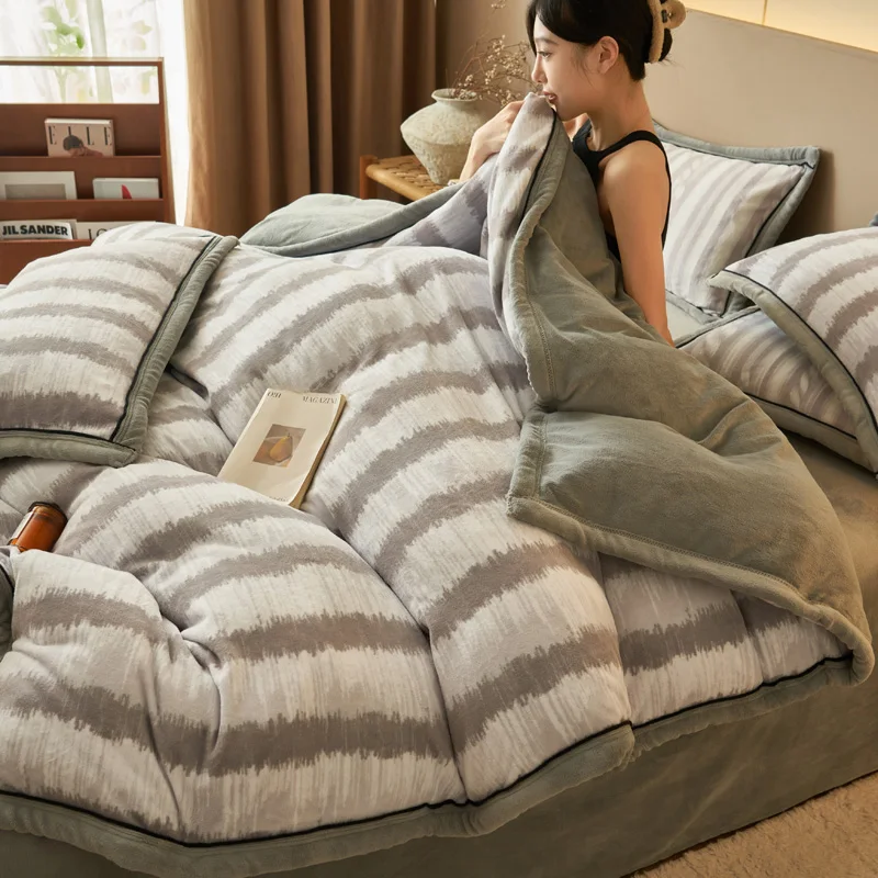 Home Winter Bedding Fleece Cotton Thicken AB Side Duvet Cover Flat Sheet Pillowcase 5D Stripe Flannel Fleece Sleeping Bed Linen