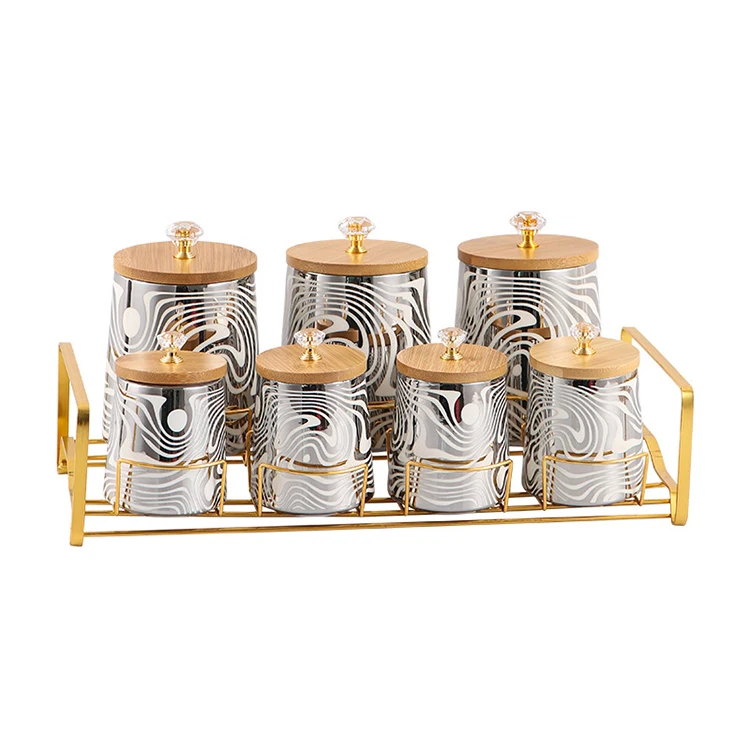 Home Kitchen Luxury Gold 7pcs Round Tea Coffee Sugar Salt Storage Jar Ceramic Spice Canisters Set with Bamboo Lid