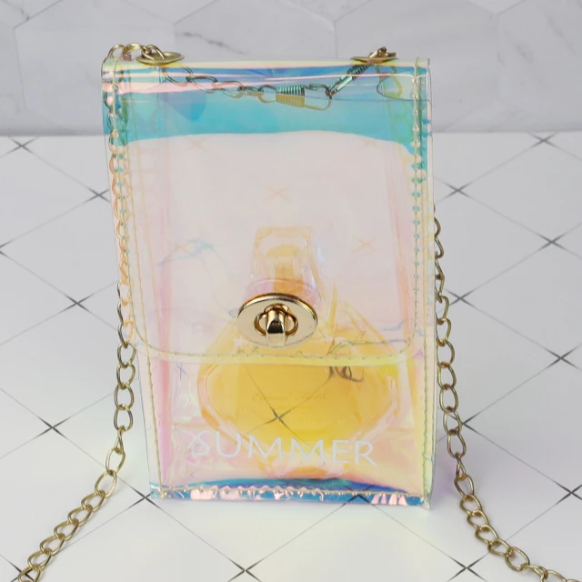Custom PVC Transparent Laser Shoulder Phone Bags Casual Holographic Ladies Chain Bag