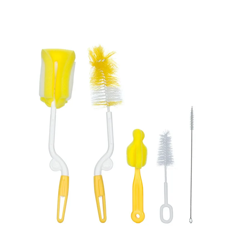 Factory supplier baby bottle brush 5 piece set silicone 360 degree rotary baby bottle cleaning brush set bottle brush