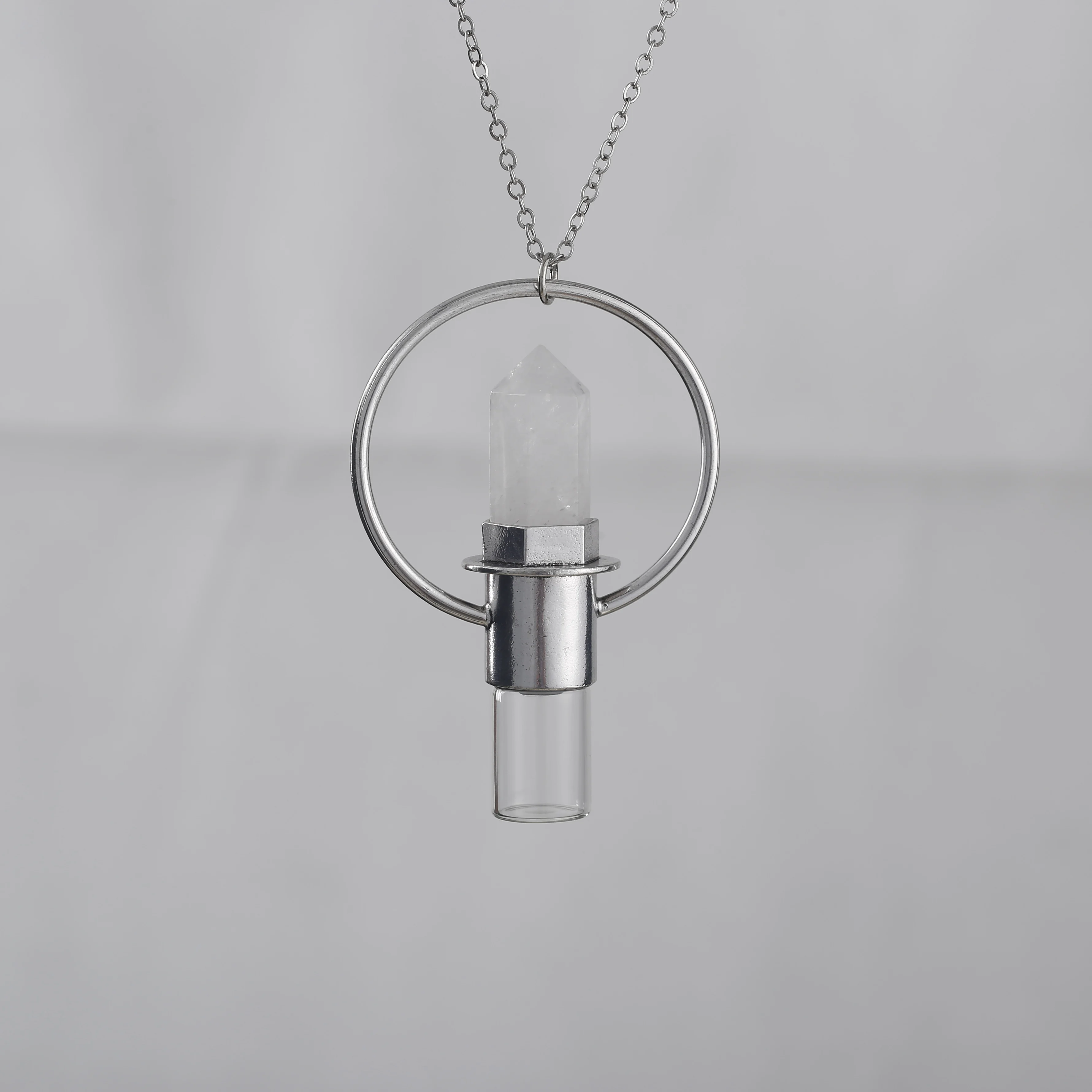 Retro Crystal Hexagonal Column Crystals Healing Natural Stone Jewelry Roller Ball Perfume Essential Oil Bottle Pendant Necklace