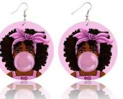 LWI60206 Oorringen Women Lovely Pink Afro Girl Gum Wooden Drop Earrings African Black Natural Hair Wood Earring