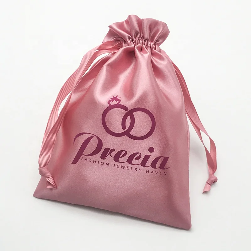 Custom  Private Label Drawstring Bundles Silk Packaging Satin Gift Bag  jewelry pouch with logo