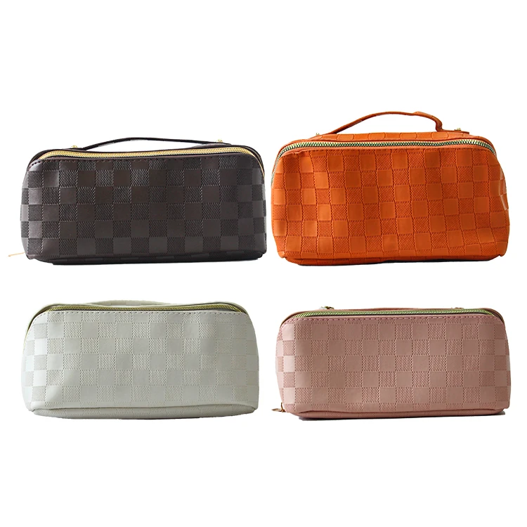 Custom Logo Water Resistant Make Up Travel Cosmetic Portable Handle Checkerboard Pu Makeup Storage Bag Toiletries Bags For Women