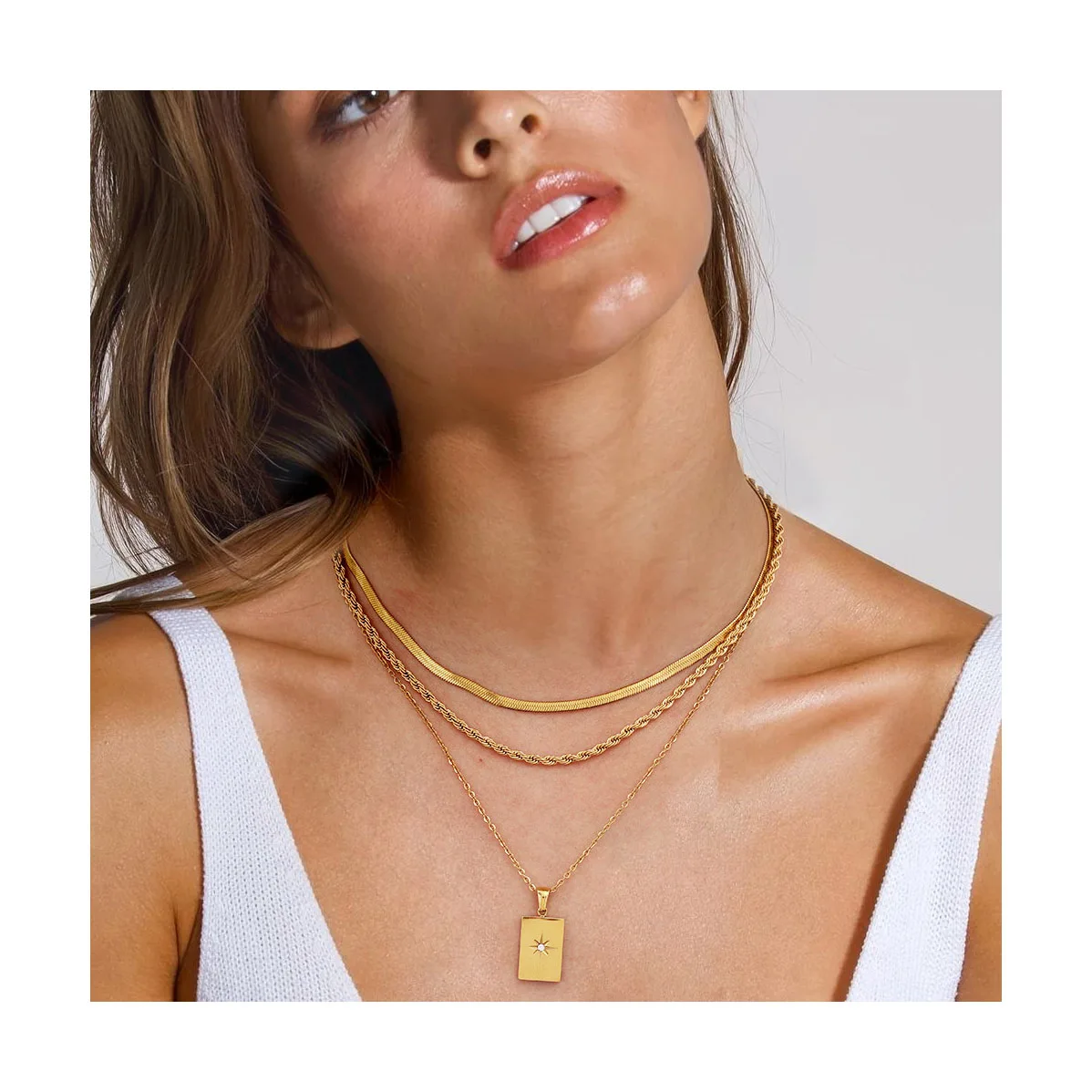ERESI Fashion Jewelry Three Layered Chain Square Pendant Necklace Stainless Steel Paperclip Chain Zircon Star Necklace For Women