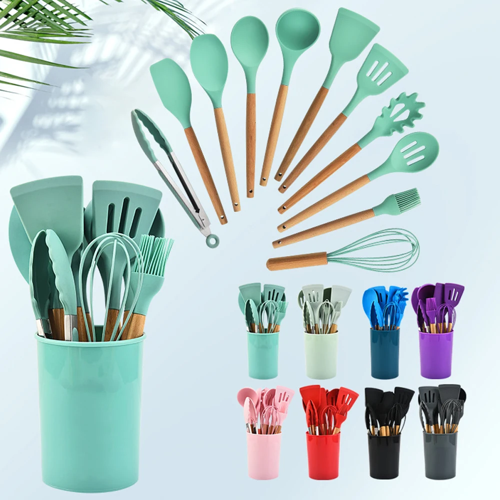 12PCS natural biodegradable wood cooking utensil kitchen wooden silicone utensils set