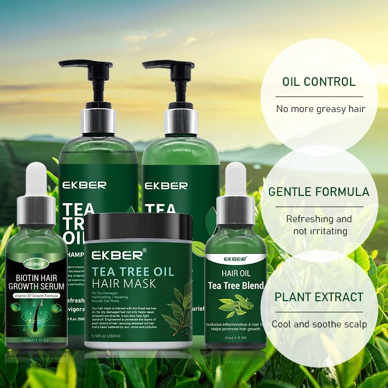 Hot Selling Ekber Tea Tree Hair Care Set Nourishing Health Vegan Hair Mask Shampoo Conditioner Oil Set Organic
