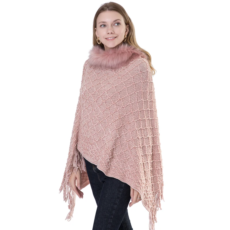 China 100% polyester tricot knitted poncho with faux fur collar fashion winter chenille womens shawl wrap sweater