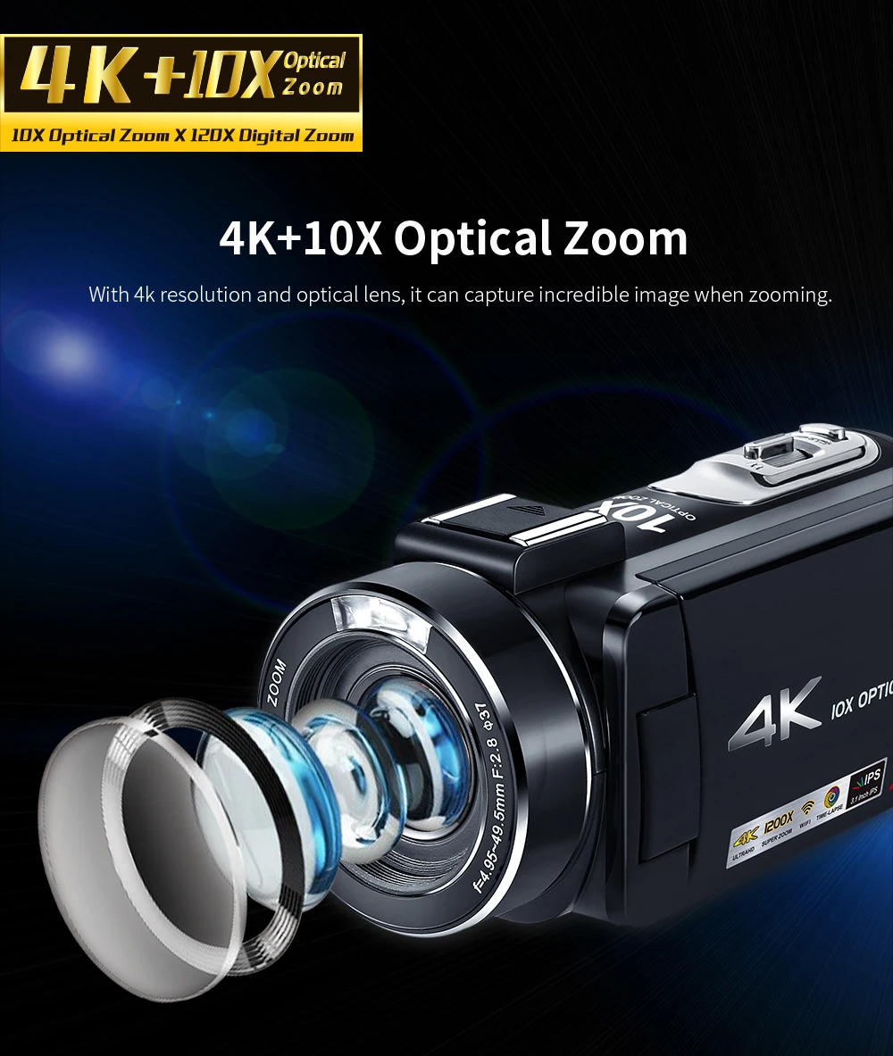 
AC7 10X Optical Zoom Camcorder Hunting Vlog Wedding 4K Professional Video Camera 