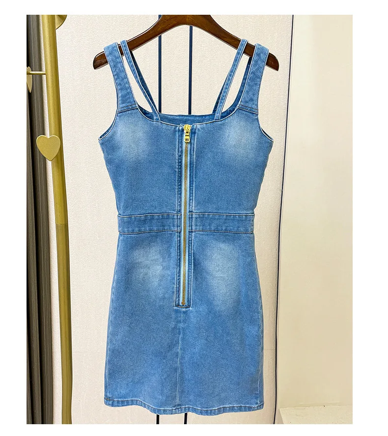 Suspender denim skirt small versatile blue dress sweet hot style high waist vest skirt for women