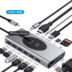 HUB docking station hub usb 14 in 1 type c to HD-MI*2 VGA USB3.0*5 SD TF RJ45 PD100W RJ45 1000M AUDIO3.5 10W gray BASIX