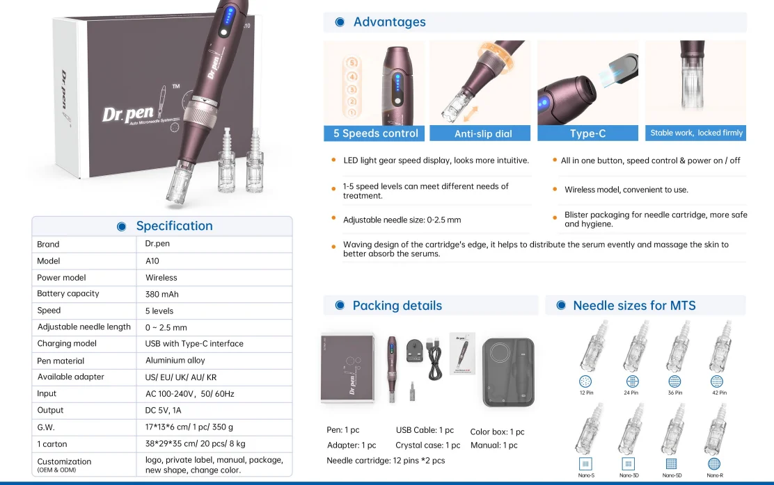 USB With Type-C Interface Anti Aging Beauty Device Wireless Electric Micro Needling Therapy Device Dr Pen A10
