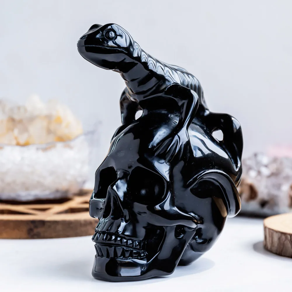 Wholesale Natural Polished Hand Carved Black Obsidian Lizard Crystal Skulls Folk Crafts Healing Stone For Home Decoration