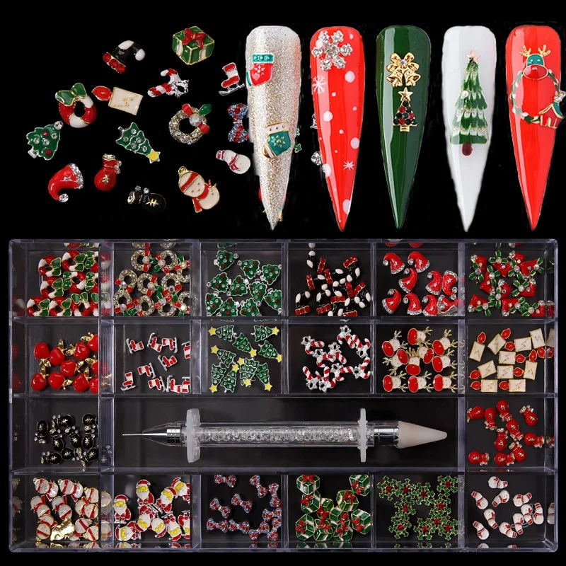Factory Supply Christmas Alloy Nail Patch Snowflake Bell Christmas Series Nail Sticker Drill 3D Nail Art Christmas Decoration