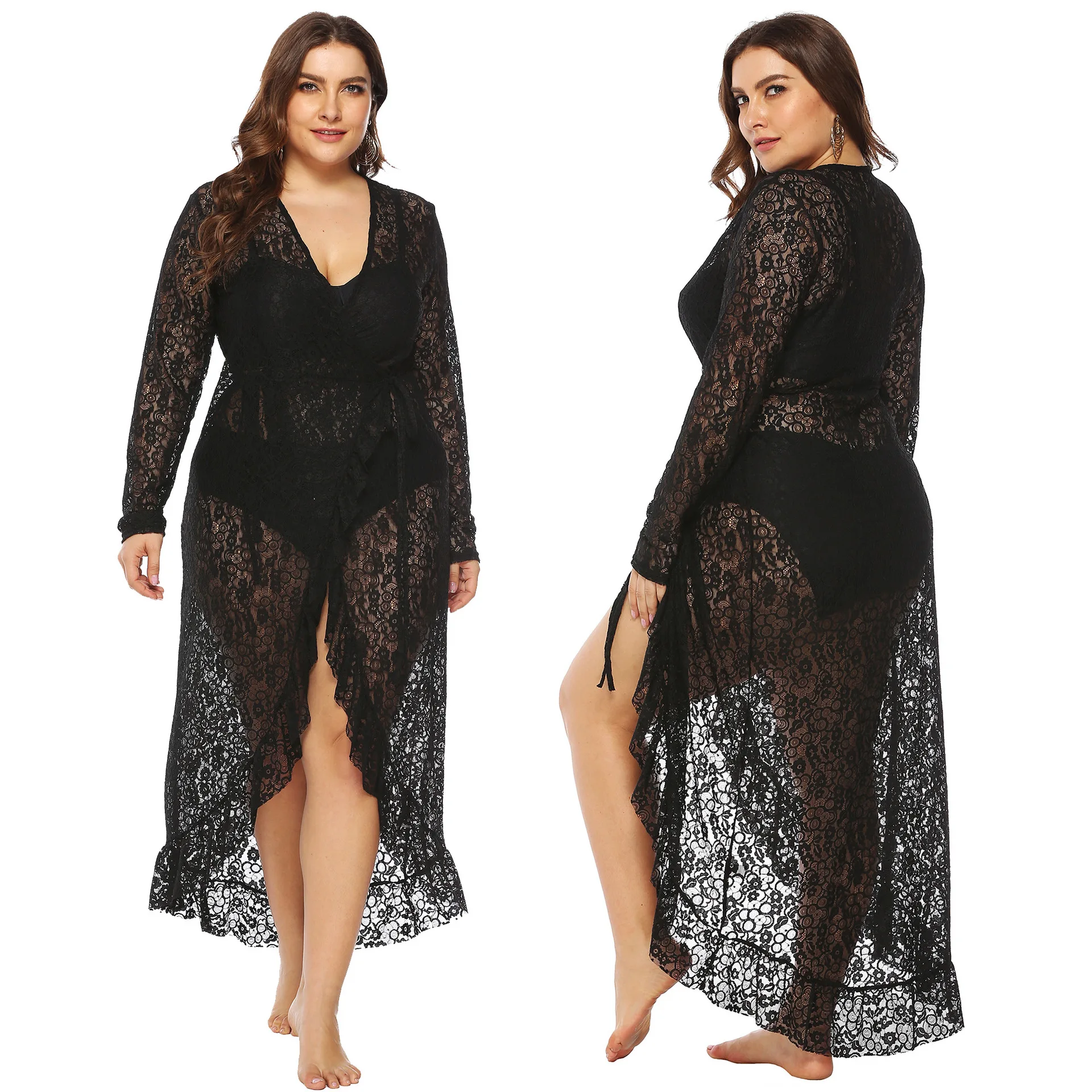 Factory  Lace crochet hollow out Irregular flounces plus size beach cover up dress see through pareo and sarong bikini cover ups