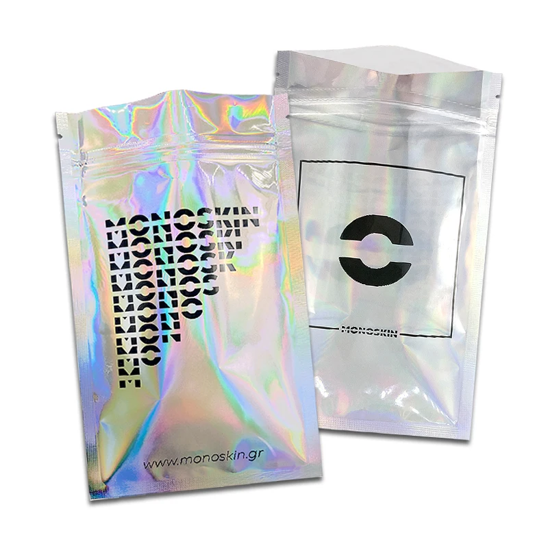 Custom brand mylar bags 3 side seal zipper laser hologram cosmetic plastic bags jewelry cosmetic packaging bags with window
