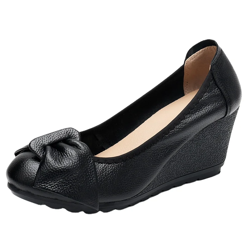 2022 Hot search new high heel bow leather comfortable wedges sandals for women and ladies fashion trend antislip heel shoes