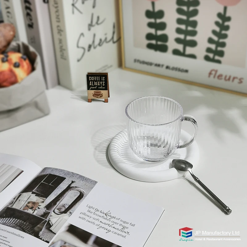 Striped clear 330ml plastic coffee tea mug milk cup custom printed PC coffee cups with handle