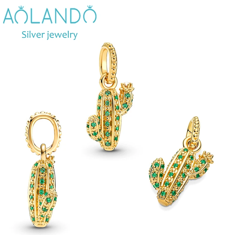 2022 Summer New S925 Sterling Silver Gold Shiny Desert Cactus Pendant Beads Gift for Women Charm Bracelet