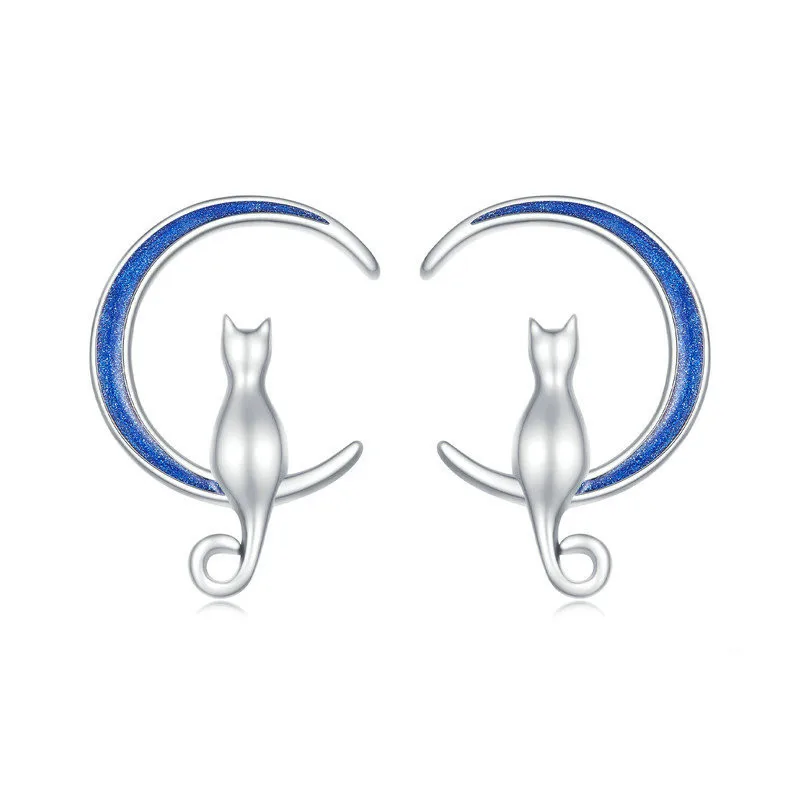 Unique Sterling Silver 925 Cute Cat Design Half Moon Enamel Earrings Jewelry For Girls Women