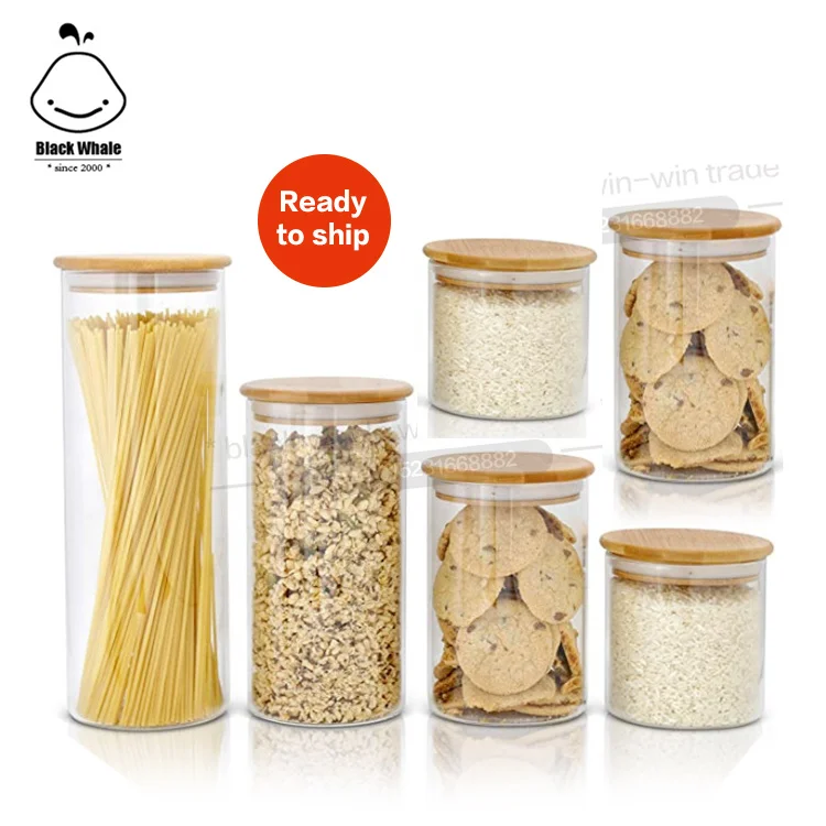 Kitchen Canisters Set Big and Small Airtight Glass Food Jar 250ml-2000ml Glass Food Storage Container with bamboo cover