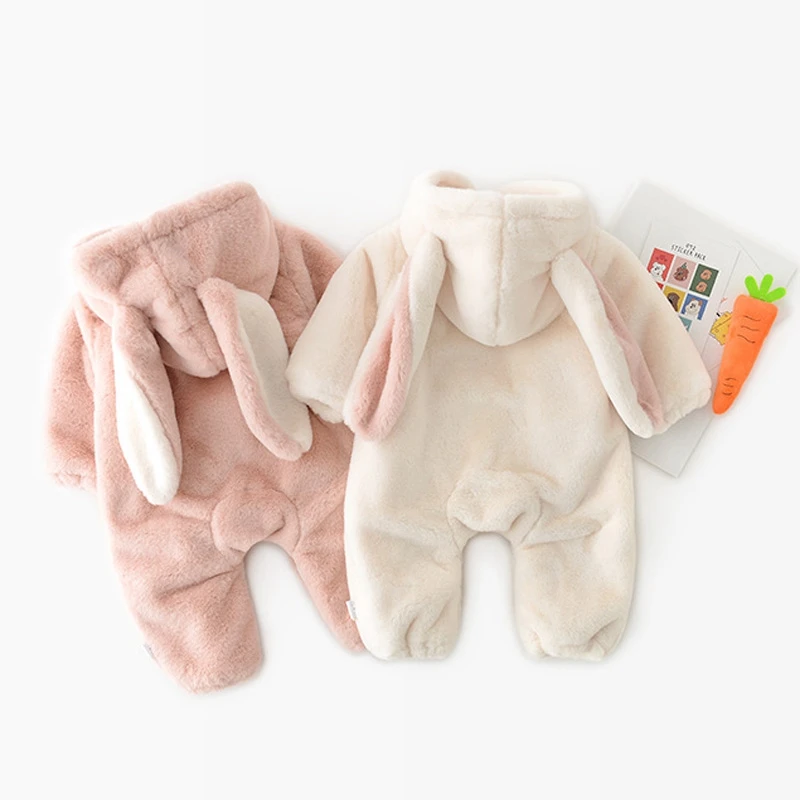 Baby kids Girls Roupas thick warm Velvet Winter Boys Rompers Rabbit Ear Hooded Infants Playsuit Carrot Overalls Jumpsuits
