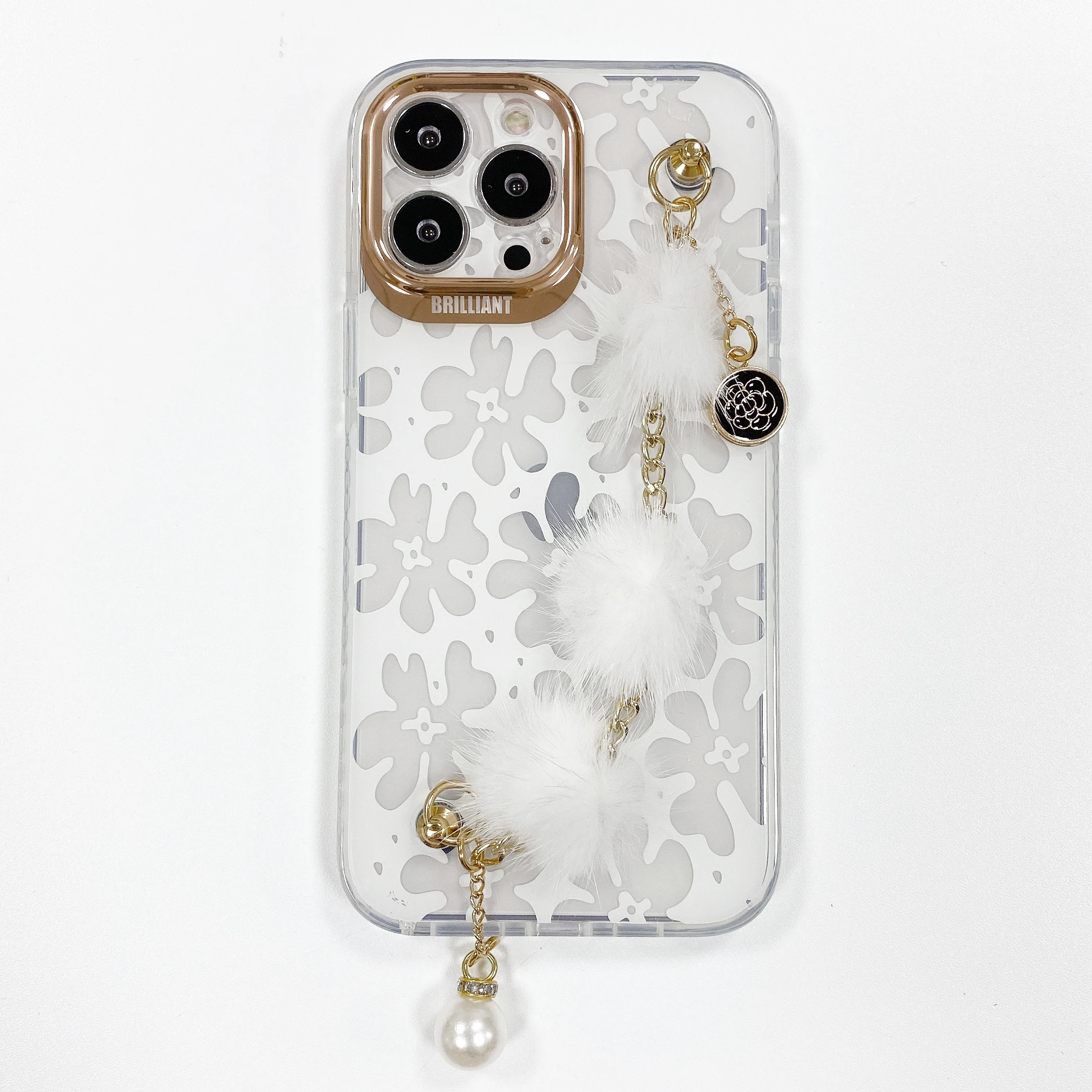 New Chrome IMD Case Flower Mobile Phone Case with Soft Hairball Wrist Strap for iPhone 11 12 13 Pro Max Case