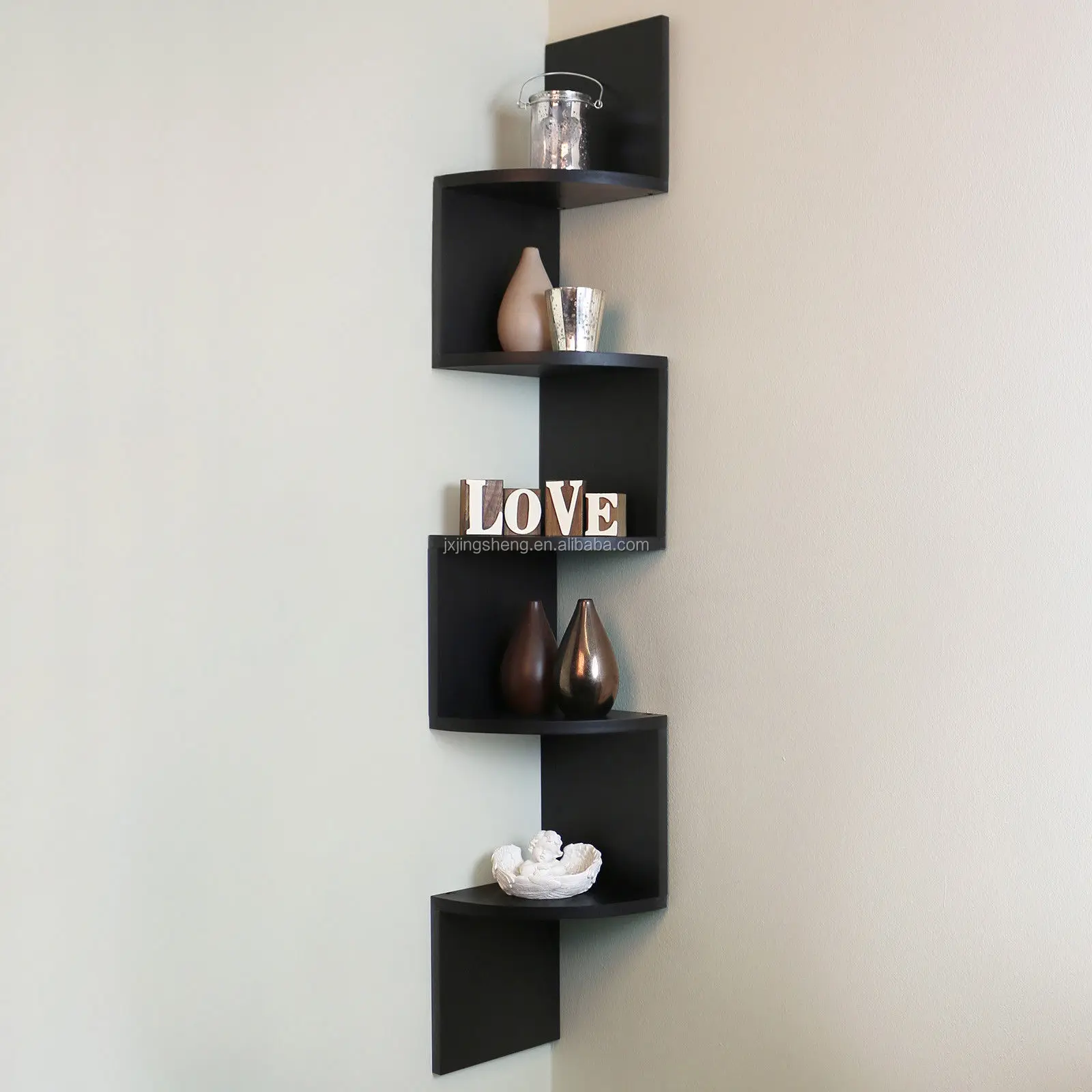 living room furniture decorative wood wall shelf round corner for sofa ,large size zig zag corner floating book shelves