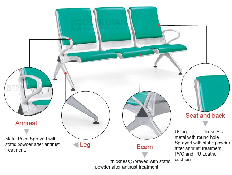 Airport bus terminal  3 seat metal chair public beam seating bench