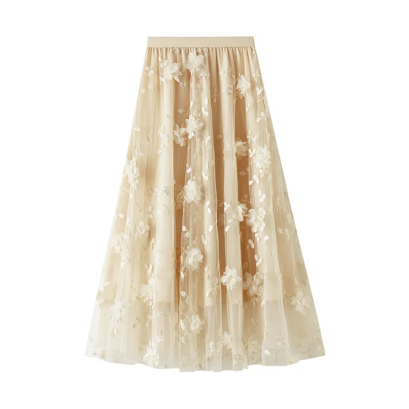 Women Skirt Embroidered A-line High Waist Long Gauze Skirt