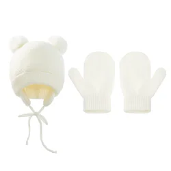 New arrival knitting bear shape baby hat and glove set 6 colors Winter Cap With Rope Lining Cute Boy Girl Warm Bear cap