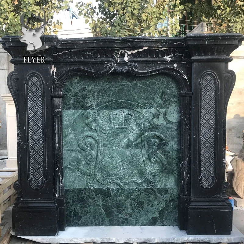 Indoor Decoration Hand Carved Black Marquina Marble Fireplace (1600276069904)