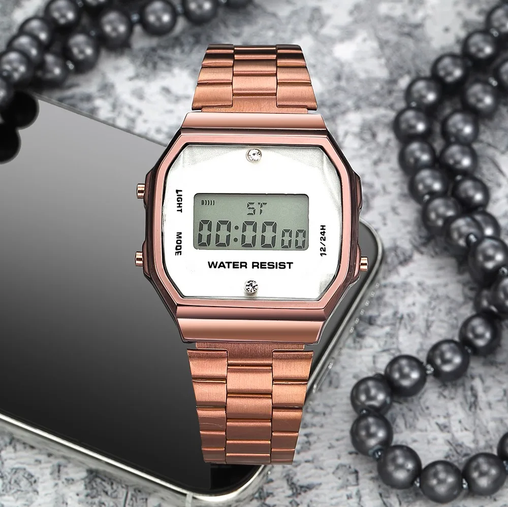 Electronic Digital Watch Rainbow color Fashion steel diamond women luxury digital watch F91W color sports watch