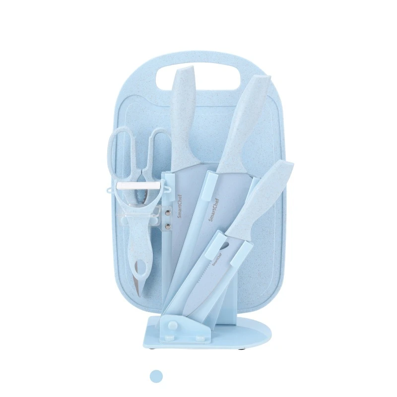 Wholesale High Quality Stainless Steel Ceramic Wheat Straw Kitchen Knife Set With Base Gift Box